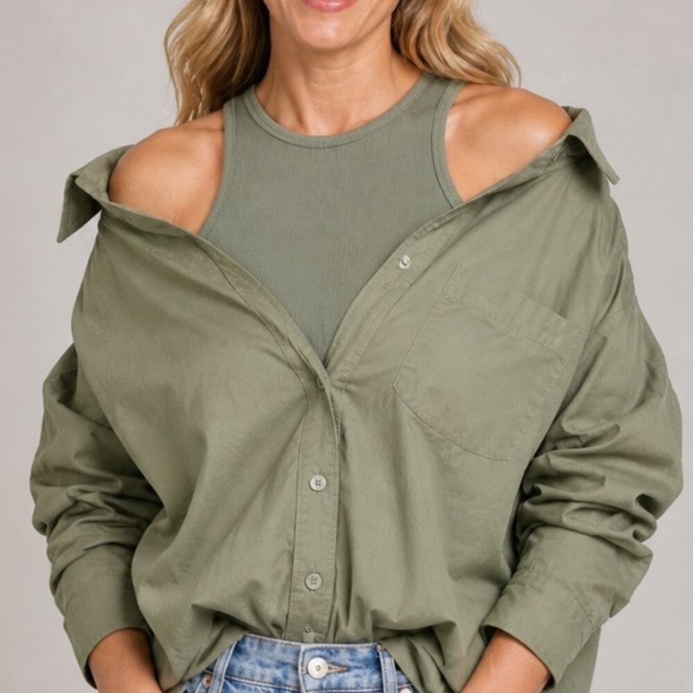 MONROW Poplin Hybrid Shirt with Ribbed Tank Womens Small Olive Green